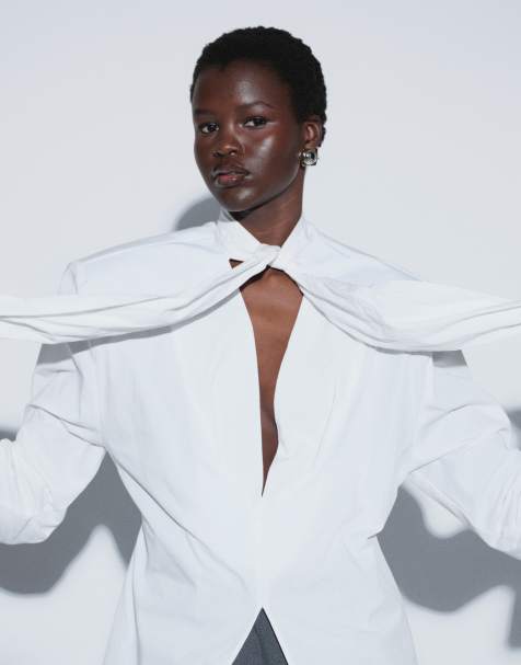 TTYA LAB chemise en popeline à épaulettes avec détail à nouer, blanche - view 1