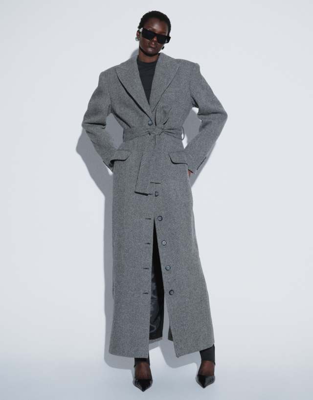 TTYA LAB maxi coat with belt in herringbone | ASOS