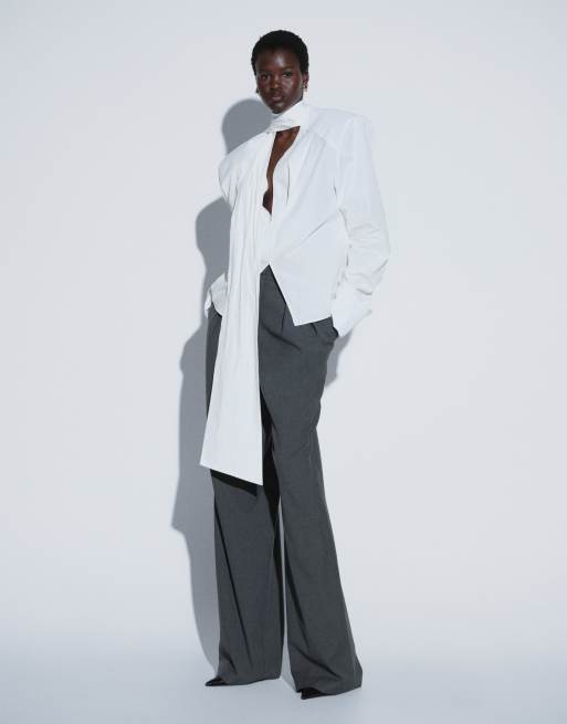 TTYA poplin shoulder pad tie detail shirt in white, 3 of 4