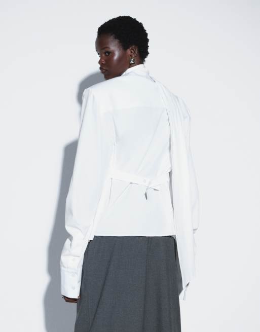 TTYA poplin shoulder pad tie detail shirt in white, 4 of 4