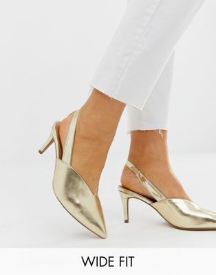 фото Туфли для широкой стопы на каблуке-рюмочке и с ремешком через пятку (золотистые/другого цвета) asos design-золотой