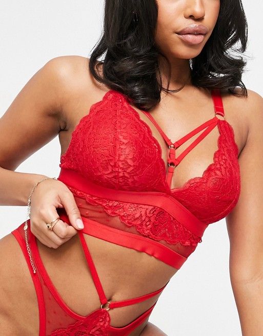 Tutti Rouge Fuller Bust longline dotty mesh and lace bralette with strapping detail in red
