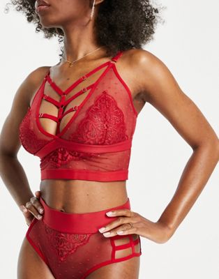 Tutti Rouge Kayla dobby mesh and lace mix strappy brief with open back detail in red