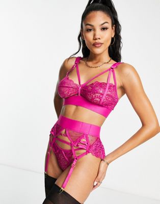 Kennedy lace and mesh side frill suspender belt with heart hardware in pink