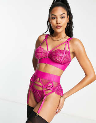 Kennedy lace and mesh side frill suspender belt with heart hardware in pink