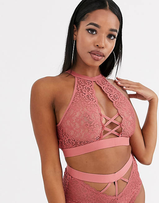 Tutti Rouge Rougette Elecktra fuller bust  high neck cutout lace bralette in rust