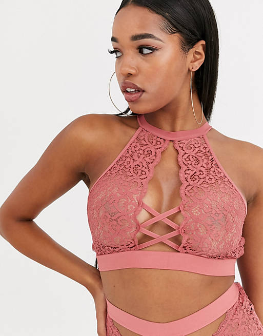 Tutti Rouge Rougette Elecktra fuller bust high neck cutout lace bralette in  rust