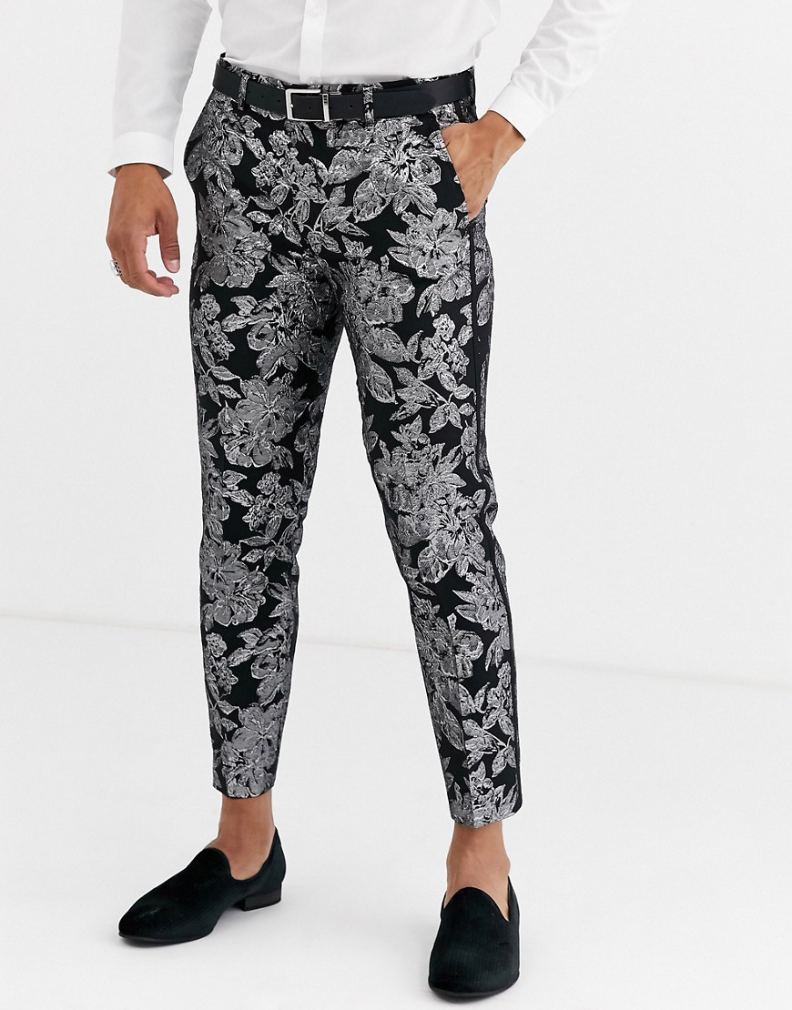 Tux Til Dawn - Cropped habitbukser med metalfarvet blomster i smal pasform-Sort