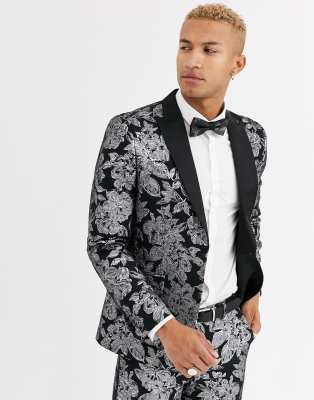 Tux Till Dawn Tux Til Dawn Slim Fit Metallic Floral Suit Jacket-black In Black