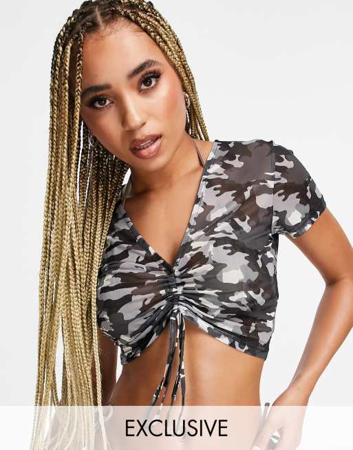 Twiin - Rynket front mesh strandtop i camouflageprint - Kun hos ASOS