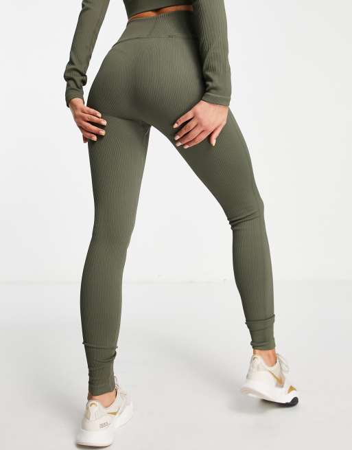 Twill Active – Nahtlose, gerippte Leggings in Khaki mit v-förmigem Bund - DGREEN, 2 von 4