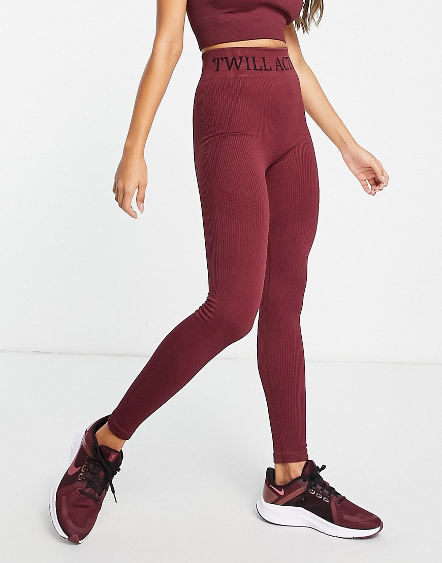 Twill Active seamless high waisted panel leggings in burgundy - BURGUNDY-Red