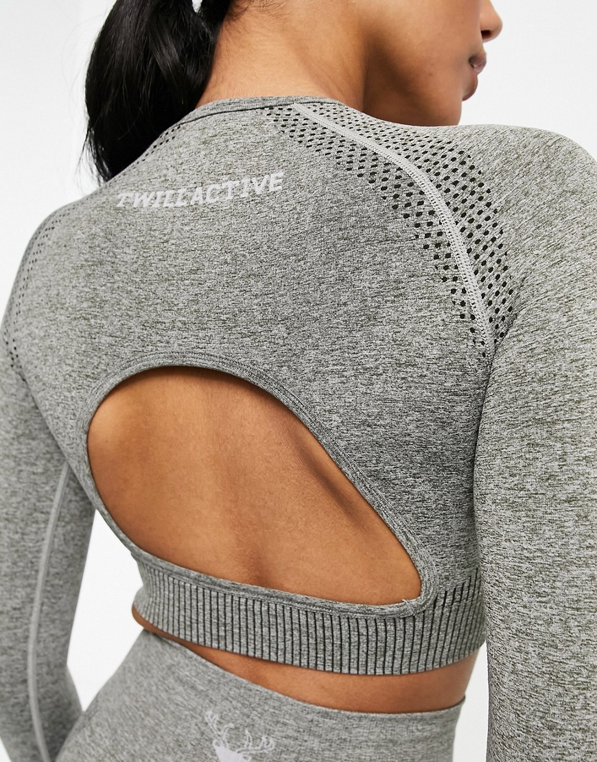 Twill Active seamless long sleeve cut out crop top in petrol - GRAY