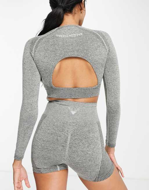Twill Active seamless long sleeve cut out crop top in petrol - GREY, 4 of 4