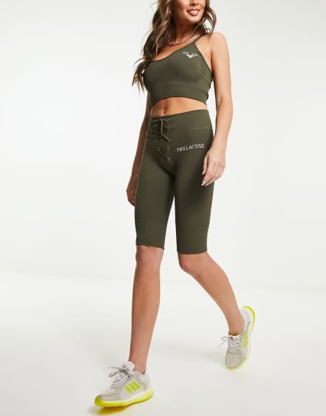 Twill Active tie waist seamless shorts in khaki - DGREEN - view 1