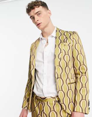 Twisted Tailor 70s Swirl Sateen Suit Jacket In Green