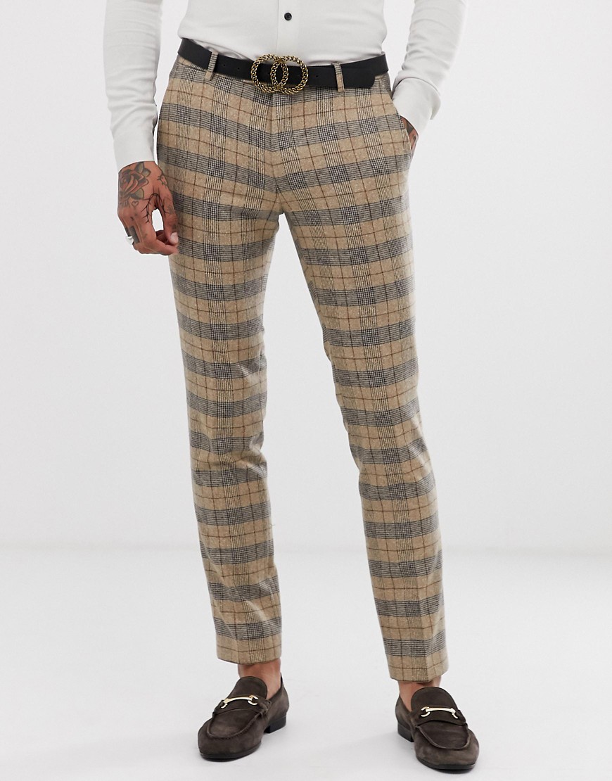 Twisted Tailor - Ace - Pantaloni da abito super skinny a quadri heritage-Cuoio