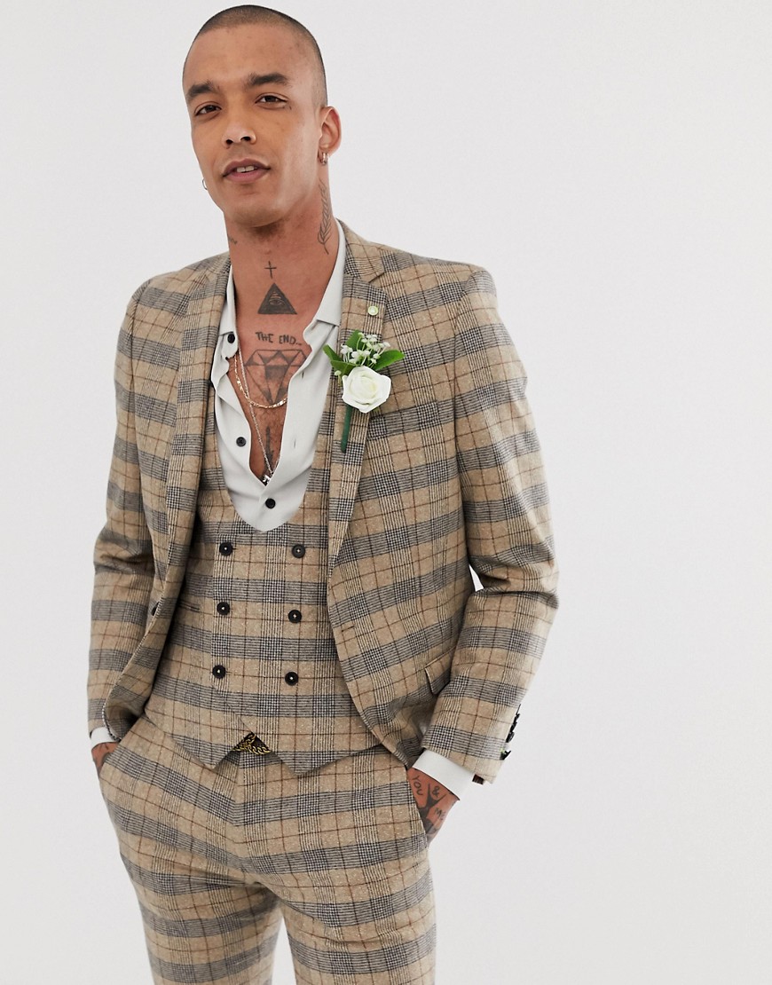 Twisted Tailor Ace super skinny wedding suit jacket with chain in heritage brown check-Tan