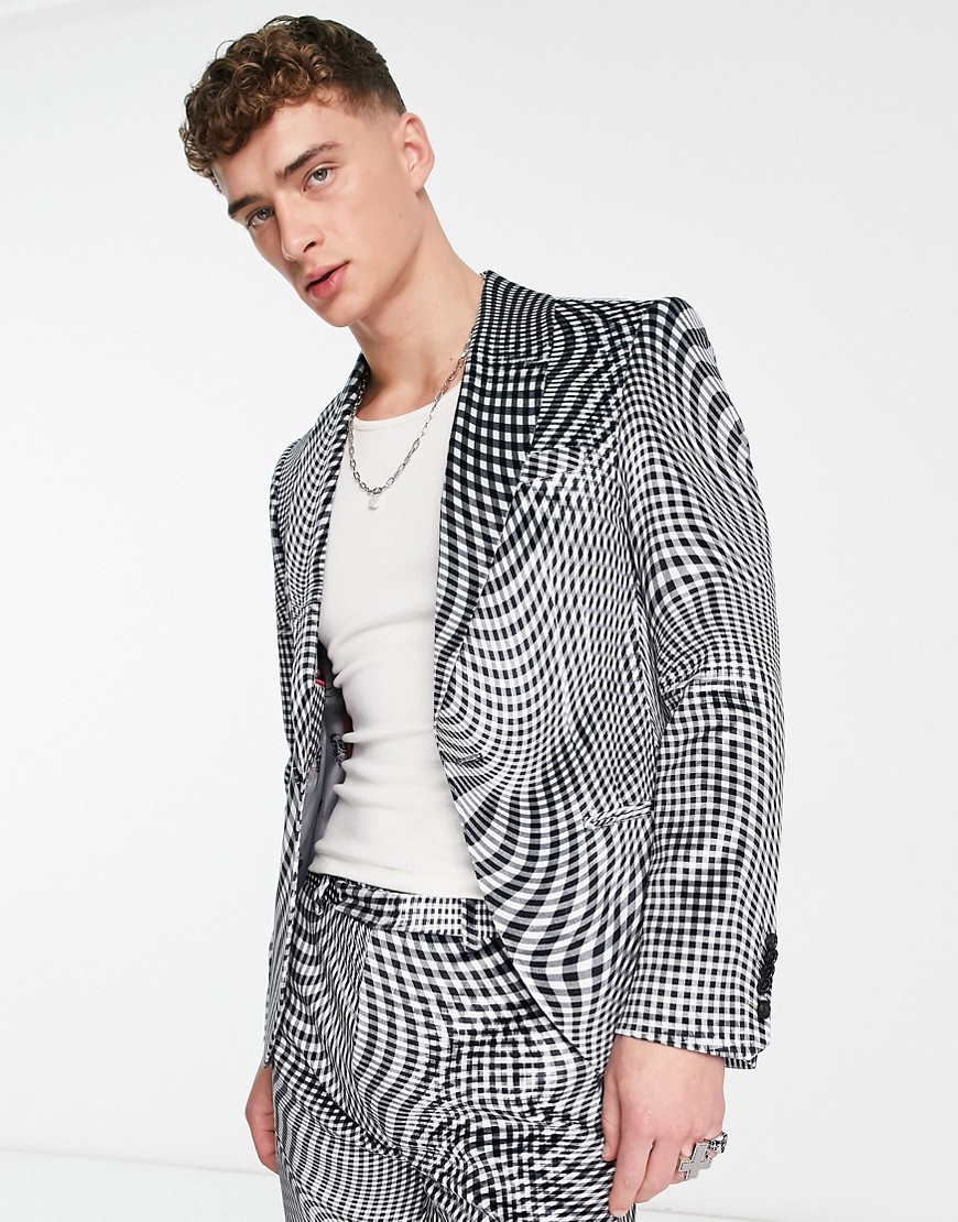 Twisted Tailor amoros skinny suit jacket in black and white warped check print-Multi