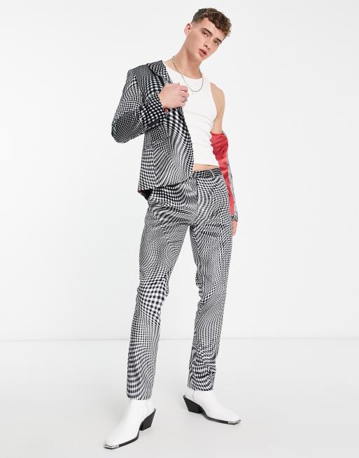 Twisted Tailor amoros skinny suit pants in black and white warped check print