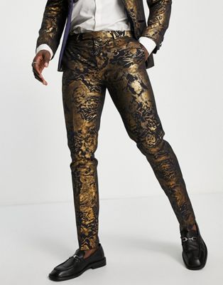 Twisted Tailor Armanto skinny suit trousers in navy with gold foil print