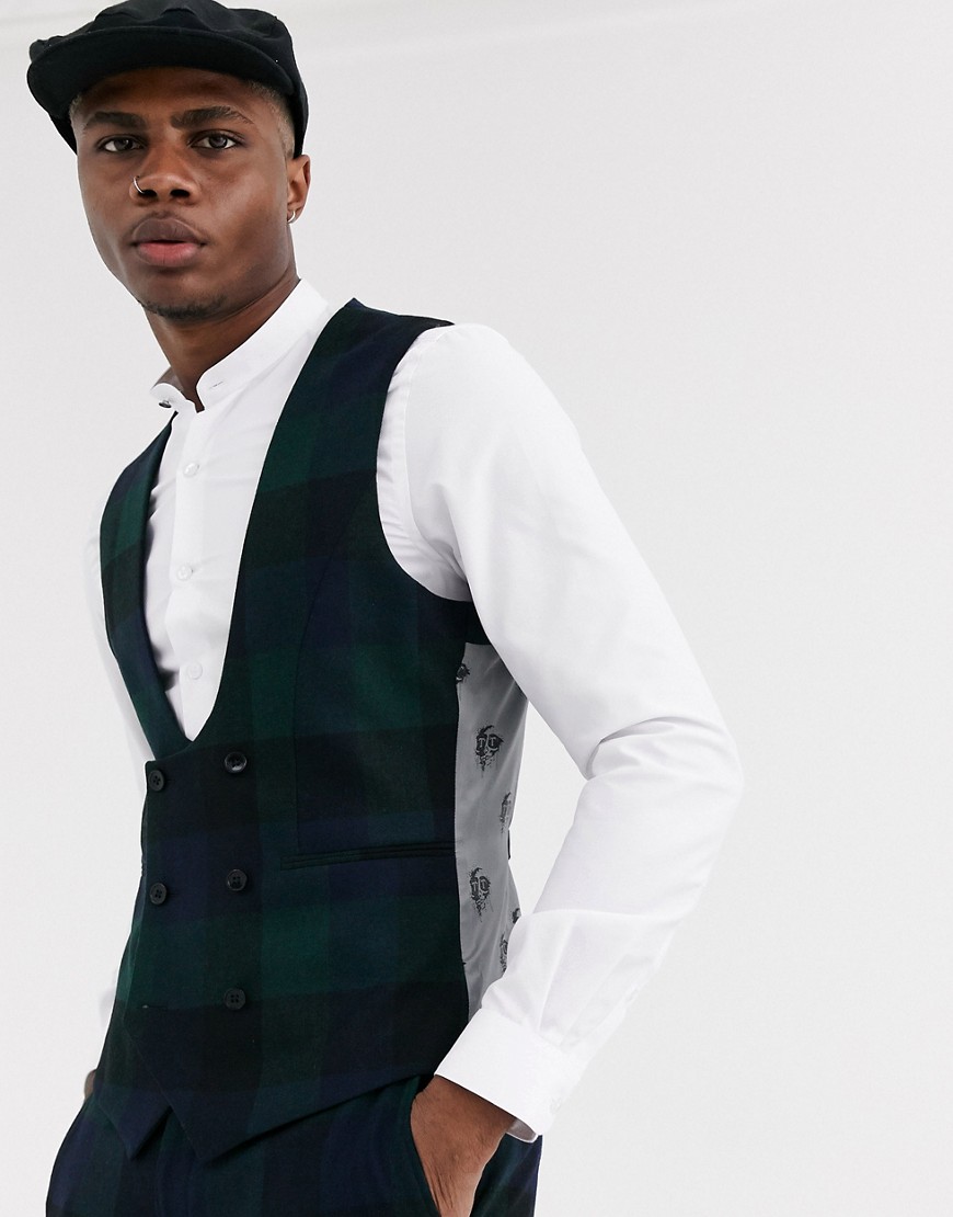 Twisted Tailor – Ashby – Grönrutig kostymväst med supersmal passform