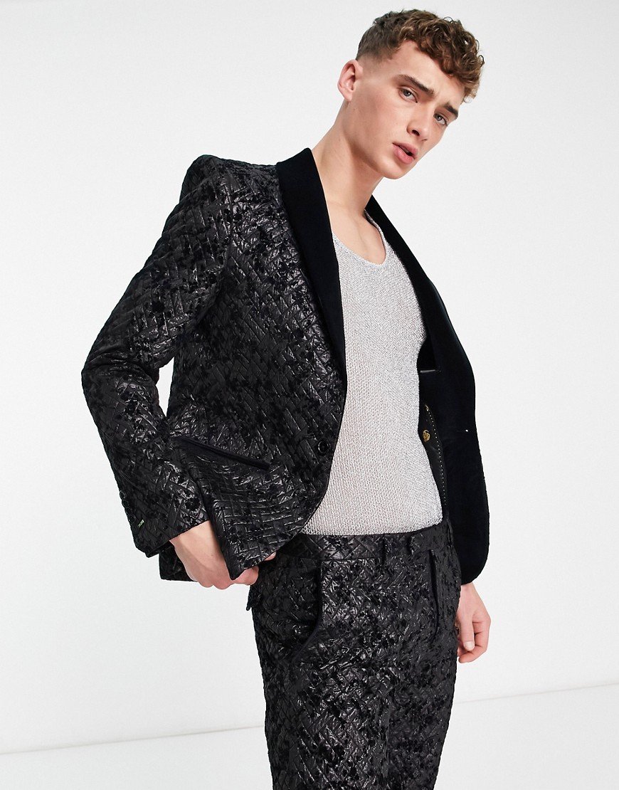 Twisted Tailor barbee smoking suit jacket in black jacquard with floral embroidery