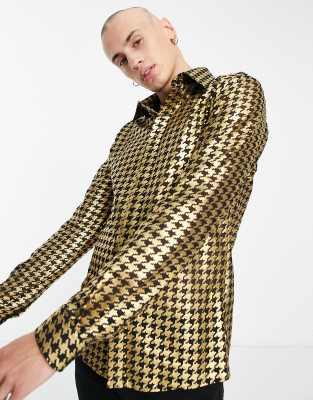 Twisted Tailor Twisted Tailor birch slim shirt in black mesh with black foil houndstooth print