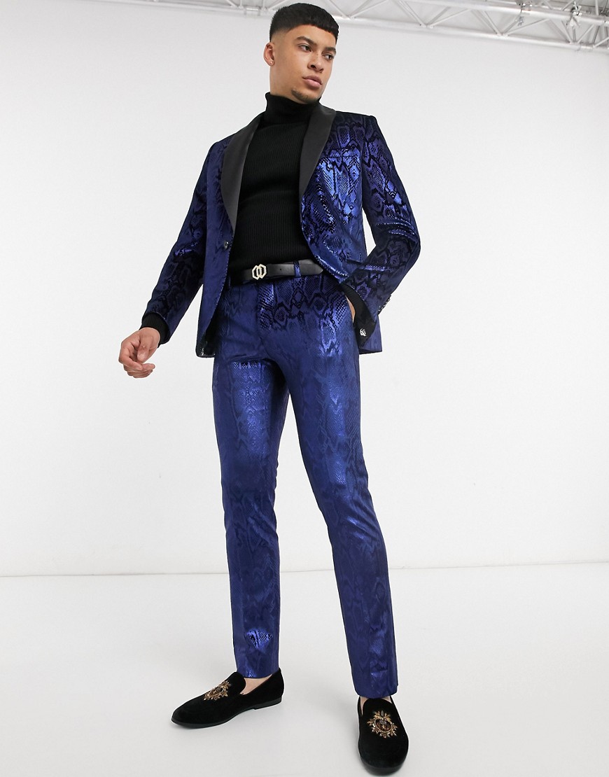 Twisted Tailor – Blå ormskinnsmönstrade kostymbyxor i metallic