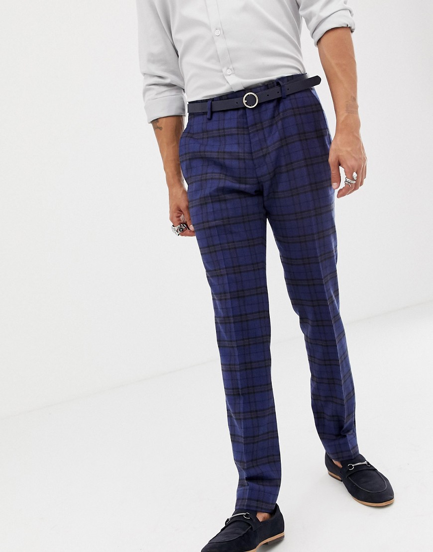 Twisted Tailor – Blå, skotskrutiga kostymbyxor i super skinny i ull