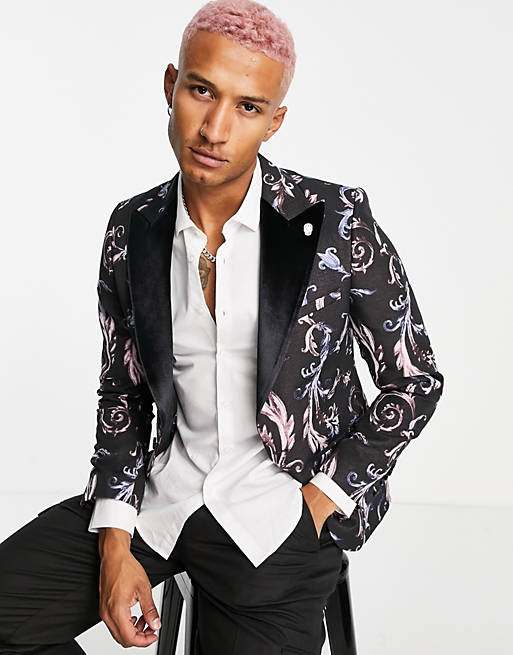 Suits Twisted Tailor blazer in black with filigree jacquard and velvet lapel 