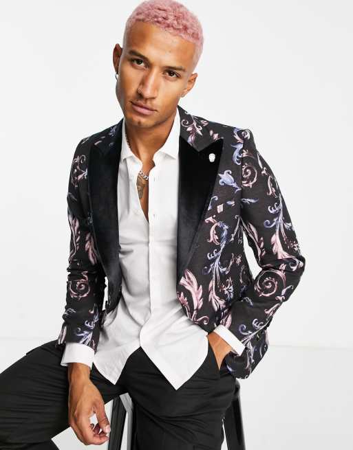 Twisted Tailor blazer in black with filigree jacquard and velvet lapel