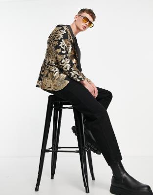 Twisted Tailor Blazer In Black With Gold Sequin Floral Design | ModeSens