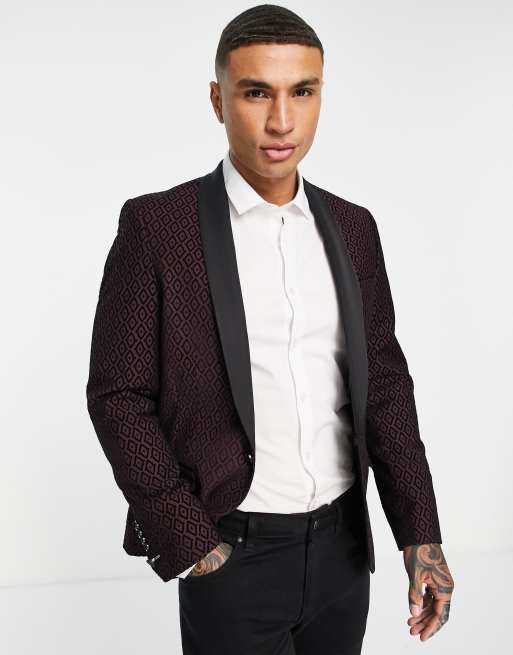 Twisted Tailor - Blazer in bordeaux con floccatura geometrica nera