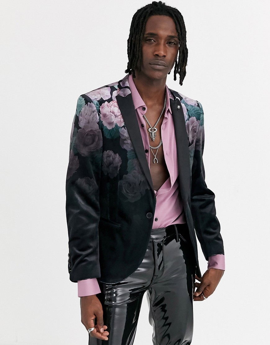 Twisted Tailor - Blazer super skinny in velluto con stampa a fiori sfumata rosa-Nero