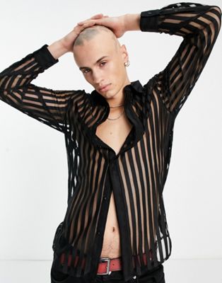 Twisted Tailor Boise Slim Shirt In Black Striped Lace