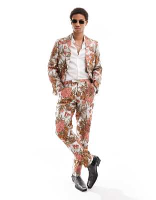 bold floral jacquard slim pants in multi