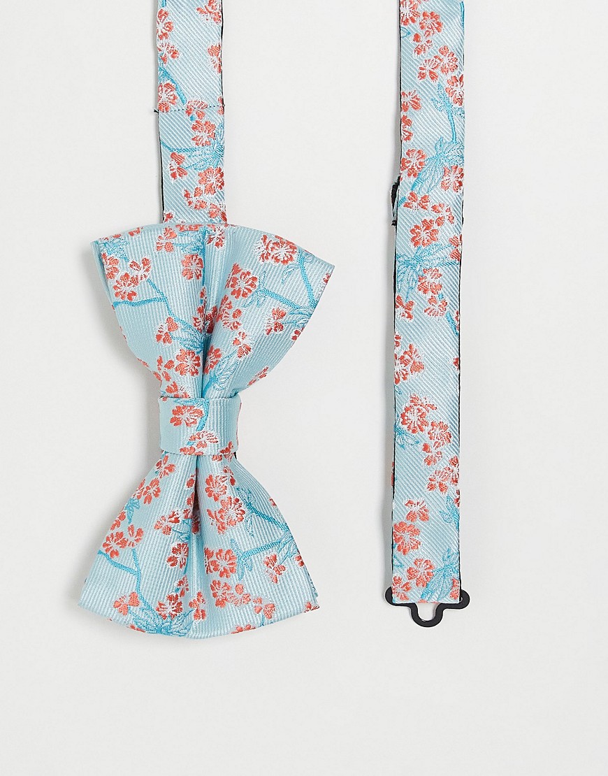 Twisted Tailor Bow Tie In Baby Blue With Cherry Blossom Design