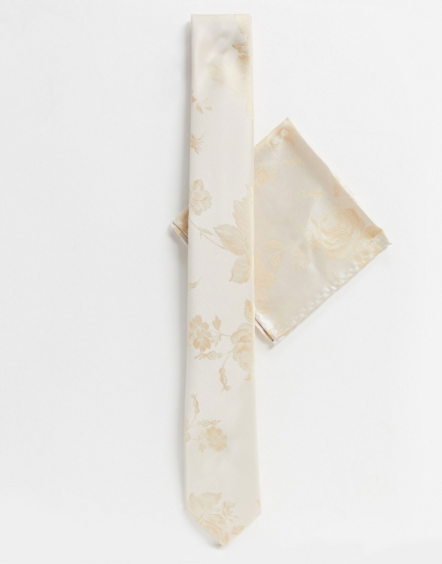 Twisted Tailor – Bröllop – Champagnefärgad blommig slips och ficknäsduk-Guld