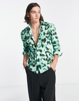 Twisted Tailor Burgess Shirt In Neon Green Leopard Print