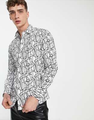 Twisted Tailor Twisted Tailor butchart shirt in white with linear geo flocking