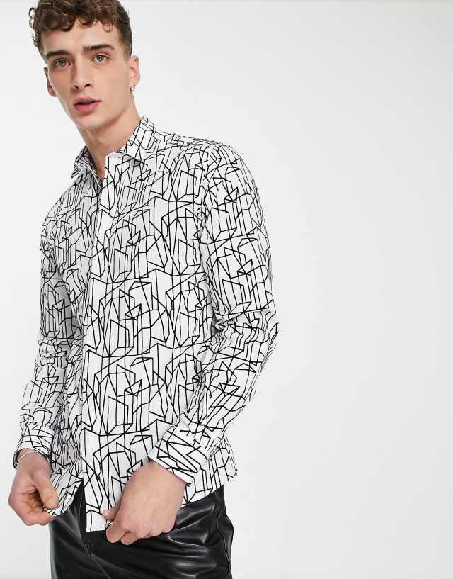 Twisted Tailor butchart shirt in white with linear geo flocking