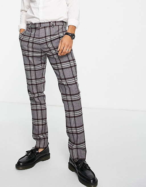 Men Twisted Tailor Caballero skinny suit trousers in grey with brown check 