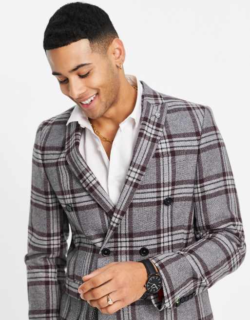 Twisted Tailor - Caballero - Veste de costume skinny à double boutonnage avec carreaux marron - Gris, 4 de 4