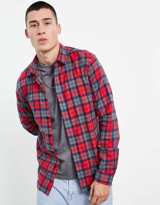 Twisted Tailor - Camicia a maniche lunghe in flanella rossa e blu a quadri