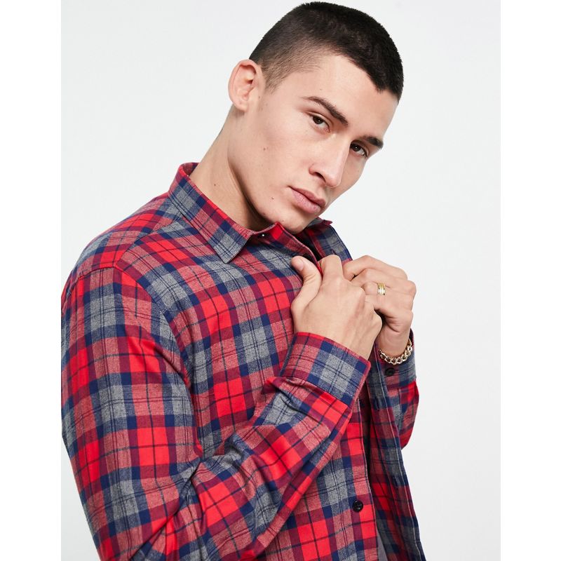 1aB3K Uomo Twisted Tailor - Camicia a maniche lunghe in flanella rossa e blu a quadri