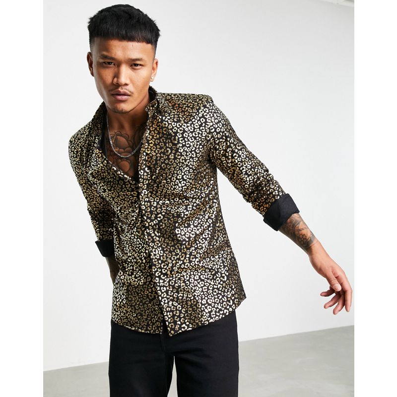 Uomo Camicie Twisted Tailor - Camicia a maniche lunghe nera con stampa leopardata