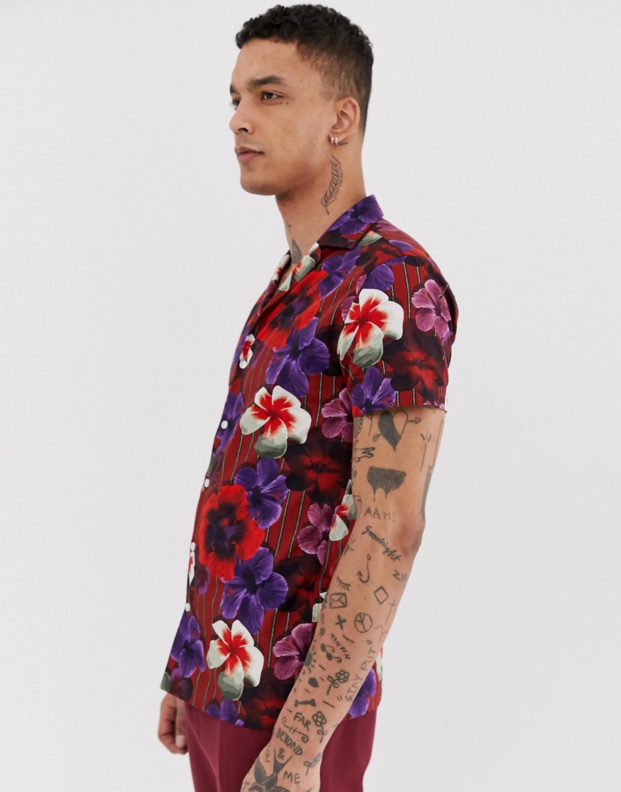 Twisted Tailor - Camicia con colletto rever e stampa hawaiana a righe-Rosso