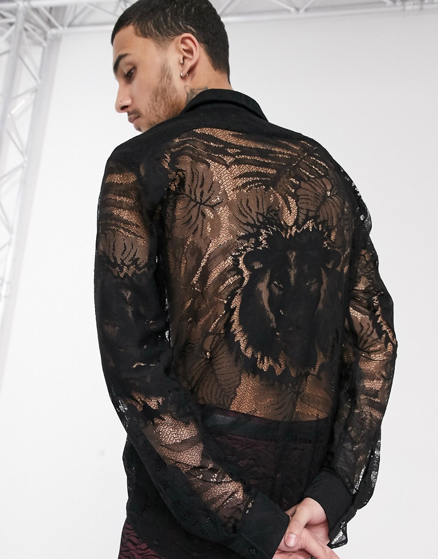 Twisted Tailor - Camicia in pizzo nero con palme e tigre