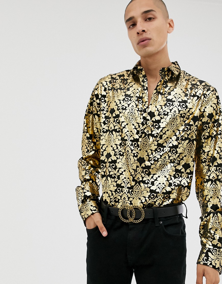 Twisted Tailor - Camicia skinny in velluto con stampa barocca oro-Nero